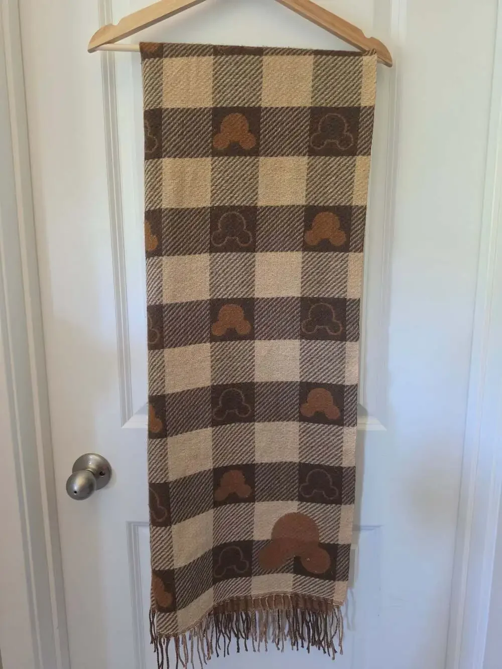 Disney Mickey Mouse Reversible Buffalo Plaid Fringe Scarf Brown Cozy
